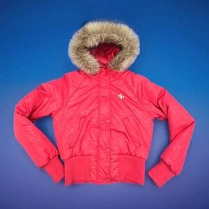 Southpole Red Monogram Puffer Jacket Y2K Faux Fur Hood Streetwear Women's M